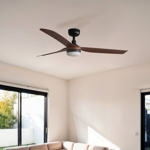 FARO BARCELONA LED stropní ventilátor Punt M, černý/dřevo, DC, tichý, 130 cm, stmívatelný, Černá, Obývací pokoj / jídelna, kov, Moderní