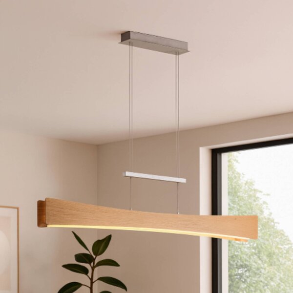Elobra Závěsné LED světlo Peru, dub/nikl, délka 116 cm, stmívatelný, Světlé dřevo, Obývací pokoj / jídelna, Dřevo, Moderní