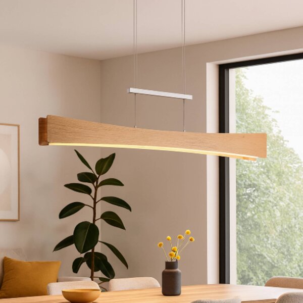 Elobra Závěsné LED světlo Peru, dub/nikl, délka 116 cm, stmívatelný, Světlé dřevo, Obývací pokoj / jídelna, Dřevo, Moderní