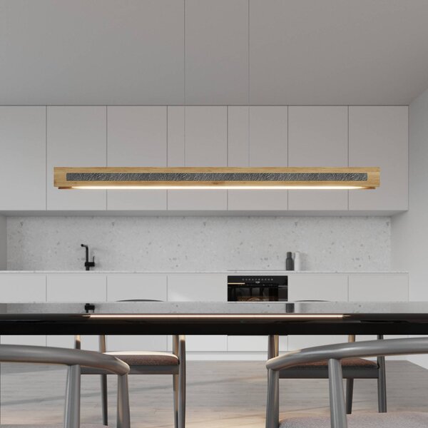 Elobra Závěsné LED světlo Chile S, dub/granit, délka 116 cm, stmívatelný, Světlé dřevo, Obývací pokoj / jídelna, Dřevo, Moderní