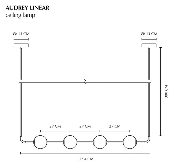 UMAGE Závěsné světlo LED Audrey LINEAR, mosaz, 118 cm, 4 svítidla., stmívatelný, Mosaz / zlato, Obývací pokoj / jídelna, kov, Design, Koule