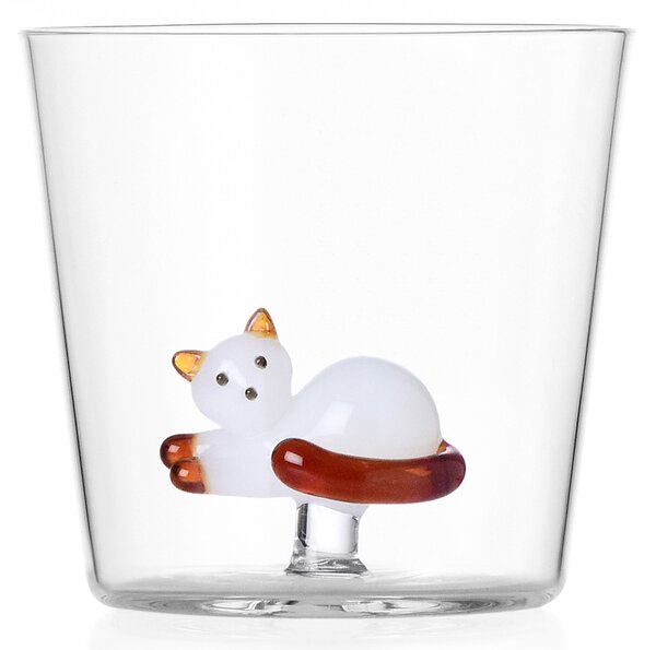 Ichendorf Milano designové sklenice na vodu Tabby Cat Tumbler Lying White Cat with Amber Tail