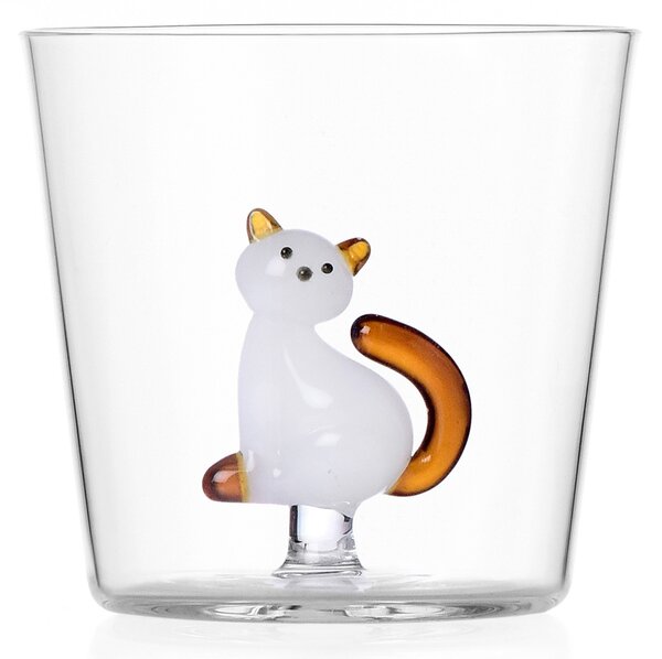 Ichendorf Milano designové sklenice na vodu Tabby Cat Tumbler White Cat with Amber Tail