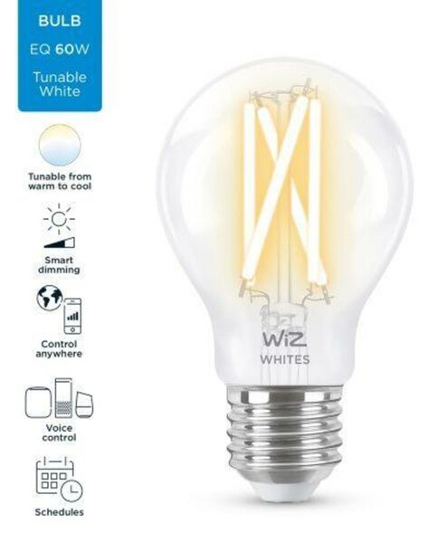 LED Žárovka WiZ Tunable White Filament 8718699787158 E27 A60 6,7-60W 806lm 2700-6500K, stmívatelná