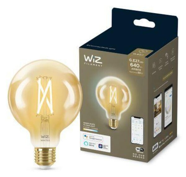LED Žárovka WiZ Tunable White Filament Amber 8718699786793 E27 G95 6,7-50W 640lm 2000-5000K, stmívatelná