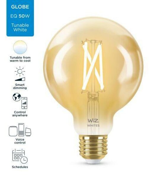 LED Žárovka WiZ Tunable White Filament Amber 8718699786793 E27 G95 6,7-50W 640lm 2000-5000K, stmívatelná