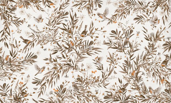 FUGU Tapeta s ptáčky a květinami - Playful Robins vintage bílá Materiál: Digitální eko vlies - klasická tapeta nesamolepicí