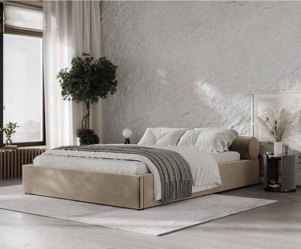 Světle hnědá čalouněná dvoulůžková postel s úložným prostorem s roštem 160x200 cm Solvo – Maison de Rêve