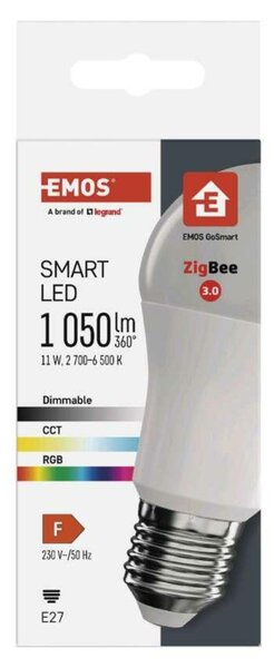 EMOS Chytrá LED žárovka GoSmart A60 / E27 / 11 W (75 W) / 1 050 lm / RGB / stmívatelná / Zigbee ZQZ515R