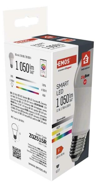 EMOS Chytrá LED žárovka GoSmart A60 / E27 / 11 W (75 W) / 1 050 lm / RGB / stmívatelná / Zigbee ZQZ515R