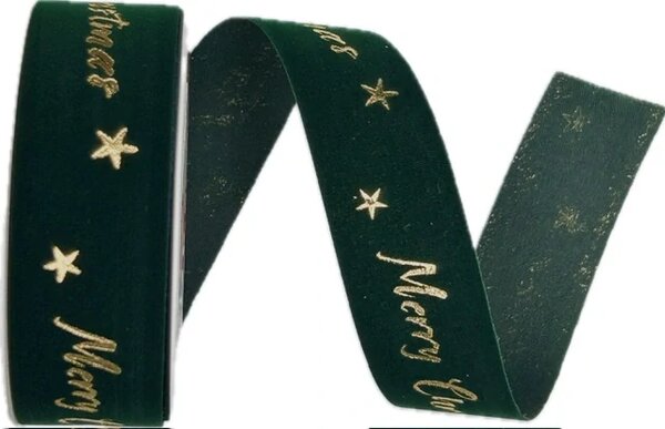 Stuha vánoční sametová VELUTTO MERRY CHRISTMAS GREEN zelená 25mm x 3m (10,-Kč/m)
