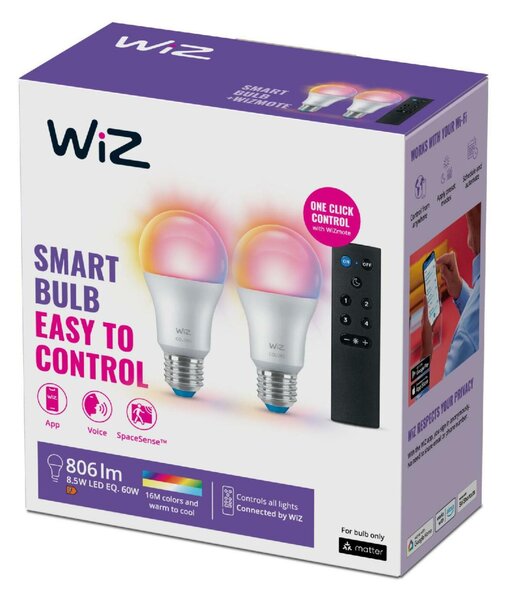 WiZ SET 2x LED žárovka E27 A60 8W (60W) 806lm 2200-6500K RGB IP20, stmívatelná + ovladač