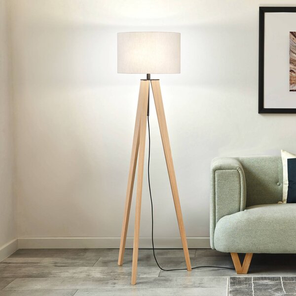 FISCHER & HONSEL Stojací lampa SHINE-WOOD, písková/černá/dub Výška 164 cm 3 x E27, Krémová / jantar, Obývací pokoj / jídelna, Textil / tkanina / hedvábí, Lampa trojnožka