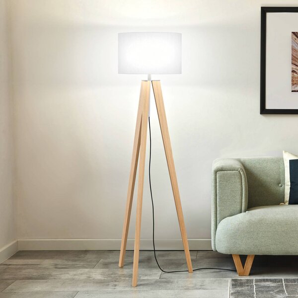 FISCHER & HONSEL Stojací lampa SHINE-WOOD, bílá/nikl/dub, výška 164 cm, 3 x E27, Bílá / opál, Obývací pokoj / jídelna, Textil / tkanina / hedvábí, Lampa trojnožka
