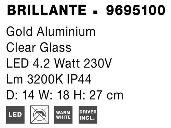 Nova Luce Nástěnné LED svítidlo BRILLANTE zlatý hliník a akryl 4.2W 3200K IP44
