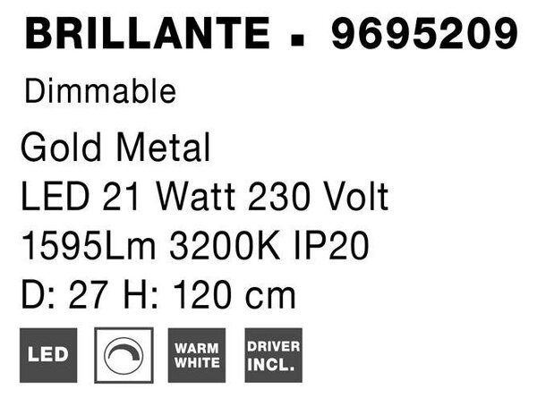 Nova Luce Závěsné LED svítidlo BRILLANTE zlatý hliník a akryl 21W 3200K stmívatelné
