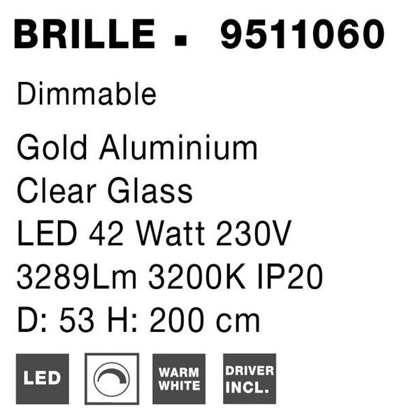 Nova Luce Závěsné LED svítidlo BRILLE zlatý hliník a Sklo 42W 3200K stmívatelné