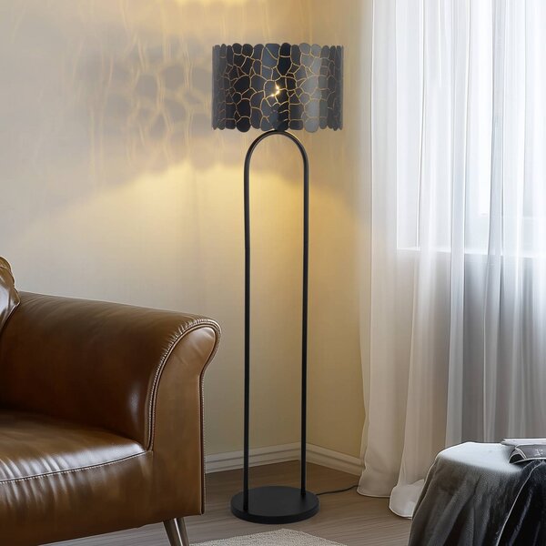 Lindby Stojací lampa Aralena, černá/zlatá, výška 143,5 cm, Černá, Obývací pokoj / jídelna, kov, Moderní