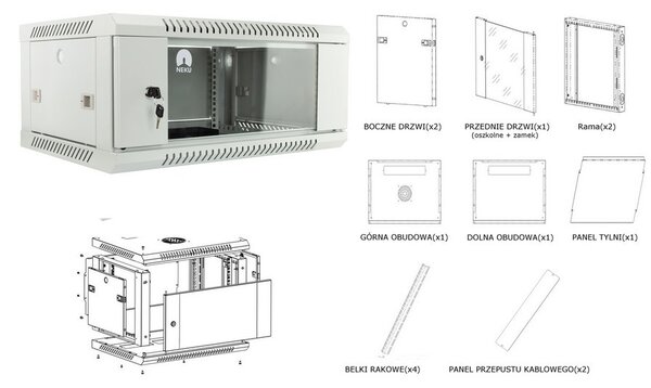 RACK skříň závěsná NEKU TS 19" 4U 450mm, sv. šedá, k samosestavení