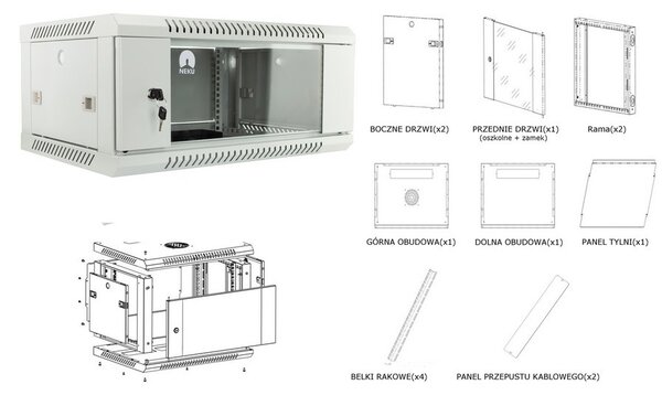 RACK skříň závěsná NEKU TS 19" 6U 450mm, sv. šedá, k samosestavení