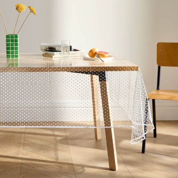 Transparentní voskovaný ubrus s potiskem puntíků transparentní/bílá průměr 140 cm