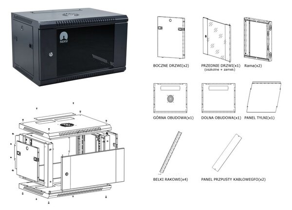 RACK skříň závěsná NEKU TS 19" 4U 450mm, černá, k samosestavení