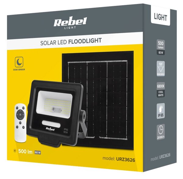 Solární reflektor REBEL URZ3626, 500lm, IP65, 6800K, 3,2 V, 4000mAh, 6W, černá