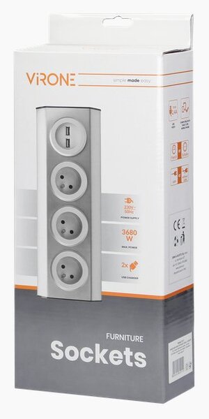Povrchová rohová zásuvka ORNO VIRONE FS-3, 3x 230V, 2xUSB, nerez