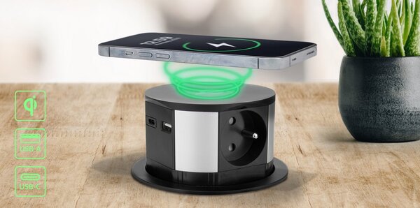 Zapuštěný blok zásuvek 3x2P+E s indukční a USB nabíječkou, Qi 1.2.4 max.10W, 2xUSB QC 3.0, O10 cm, kabel 1.5m