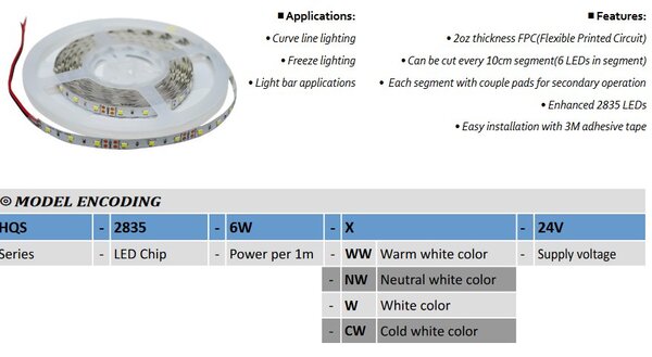 LED pásek MW Lighting HQS-2835-6W-NW-24V 24VDC 510lm, 4500K, 6W, 5m