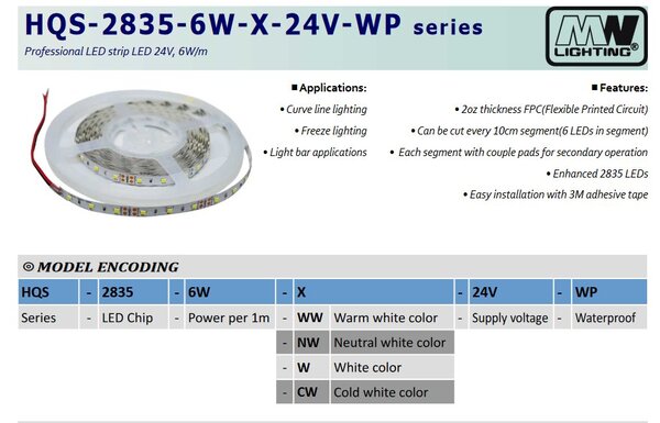 LED pásek MW Lighting HQS-2835-6W-NW-24V 24VDC 510lm, 4500K, 6W, 5m