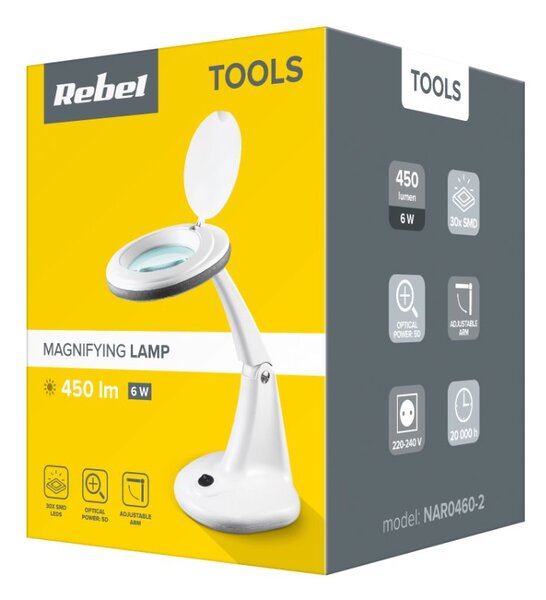 Stolní lampa s lupou REBEL NAR0460-2 5D 6W 60-LED do dílny