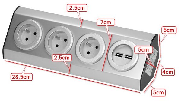 Povrchová rohová zásuvka ORNO VIRONE FS-4 3x 230V, 2xUSB, 1,5m kabel, nerez