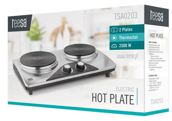 Vařič elektrický dvouplotýnkový TEESA TSA0203, 2500W, nerez