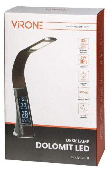 Stolní lampa s budíkem VIRONE DOLOMIT DL-12/BR, 5W, 400lm, 4000K, hnědá