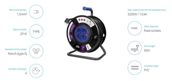 Prodlužovací přívod na bubnu ORNO OR-AE-13155/50M, 50m, 4x zásuvka, 3x1,5, PVC