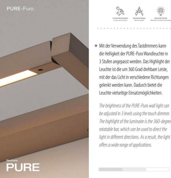 PAUL NEUHAUS LED nástěnné svítidlo PURE Puro dotykový stmívač otočné 3000K bronz 9114-97