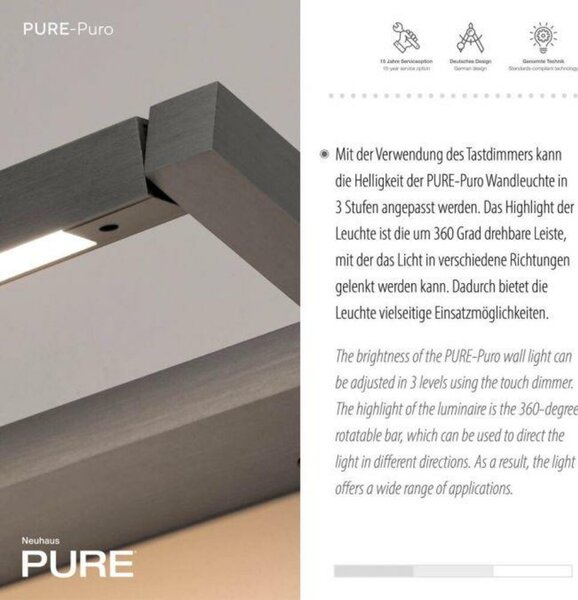 PAUL NEUHAUS LED nástěnné svítidlo PURE Puro dotykový stmívač 3000K platina 9114-15