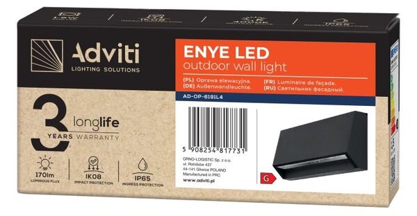 Venkovní svítidlo nástěnné ORNO AD-OP-6191L4, IP65, 4000K, 170lm, antracit