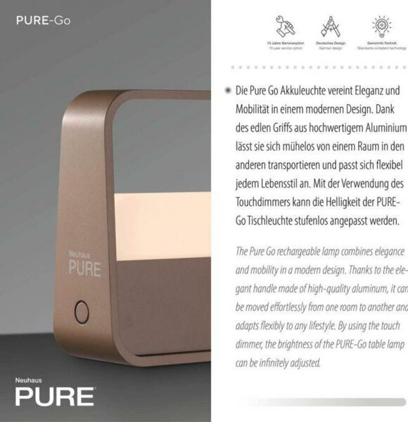 PAUL NEUHAUS LED stolní lampa Pure Go bronz na baterie dotykový vypínač USB 2700K PN 4055-97