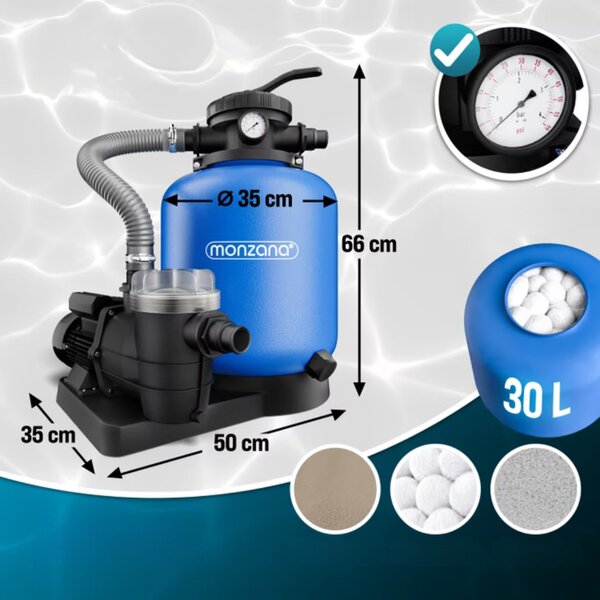 Písková filtrace k bazénu AQUA s předfiltrem, 13 200 l/h, modrá Monzana