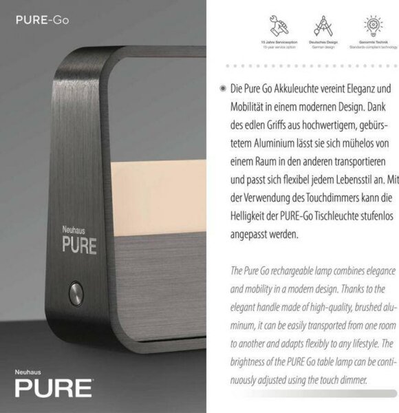 PAUL NEUHAUS LED stolní lampa Pure Go šedá na baterie dotykový vypínač USB 2700K PN 4055-15