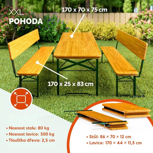 Pivní set PRAKTIK s opěradly, 170cm, hnědá Jurhan