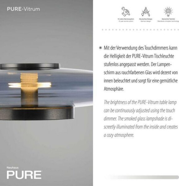 PAUL NEUHAUS LED stolní lampa PURE Vitrum dotykový vypínač stmívatelné 2700K platina / kouřová 4080-15