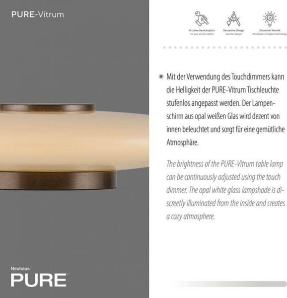 PAUL NEUHAUS LED stolní lampa PURE Vitrum dotykový vypínač 2700K hnědá / opál 4080-34