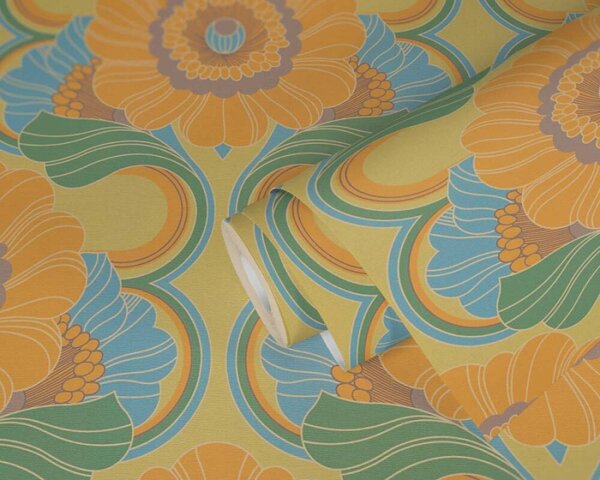A.S. Création | Vliesová tapeta na zeď Retro Chic 39530-1 | 0,53 x 8,5 m | oranžová, zelená, modrá, fialová, vícebarevná
