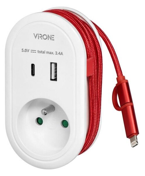 Adaptér ORNO VIRONE CS-2 230V s USB-C+A nabíječkou a kabelem USB-C + Lightning