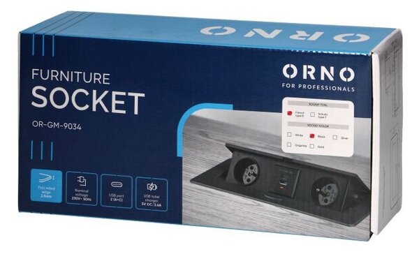 Výklopný blok zapuštěný ORNO OR-GM-9034/B, 2x 230V, 1x USB-A, 1x USB-C, černá