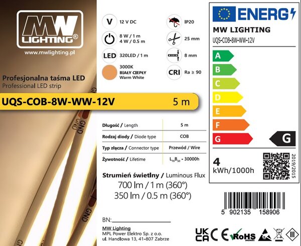 Profi LED pásek COB MW Lighting UQS-COB-8W-WW-12V 12VDC, 3000K, 12V, 5m, IP20, teplá bílá