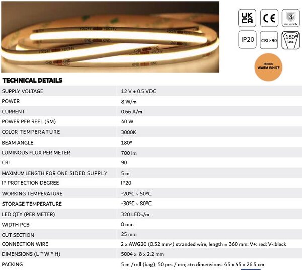 Profi LED pásek COB MW Lighting UQS-COB-8W-WW-12V 12VDC, 3000K, 12V, 5m, IP20, teplá bílá